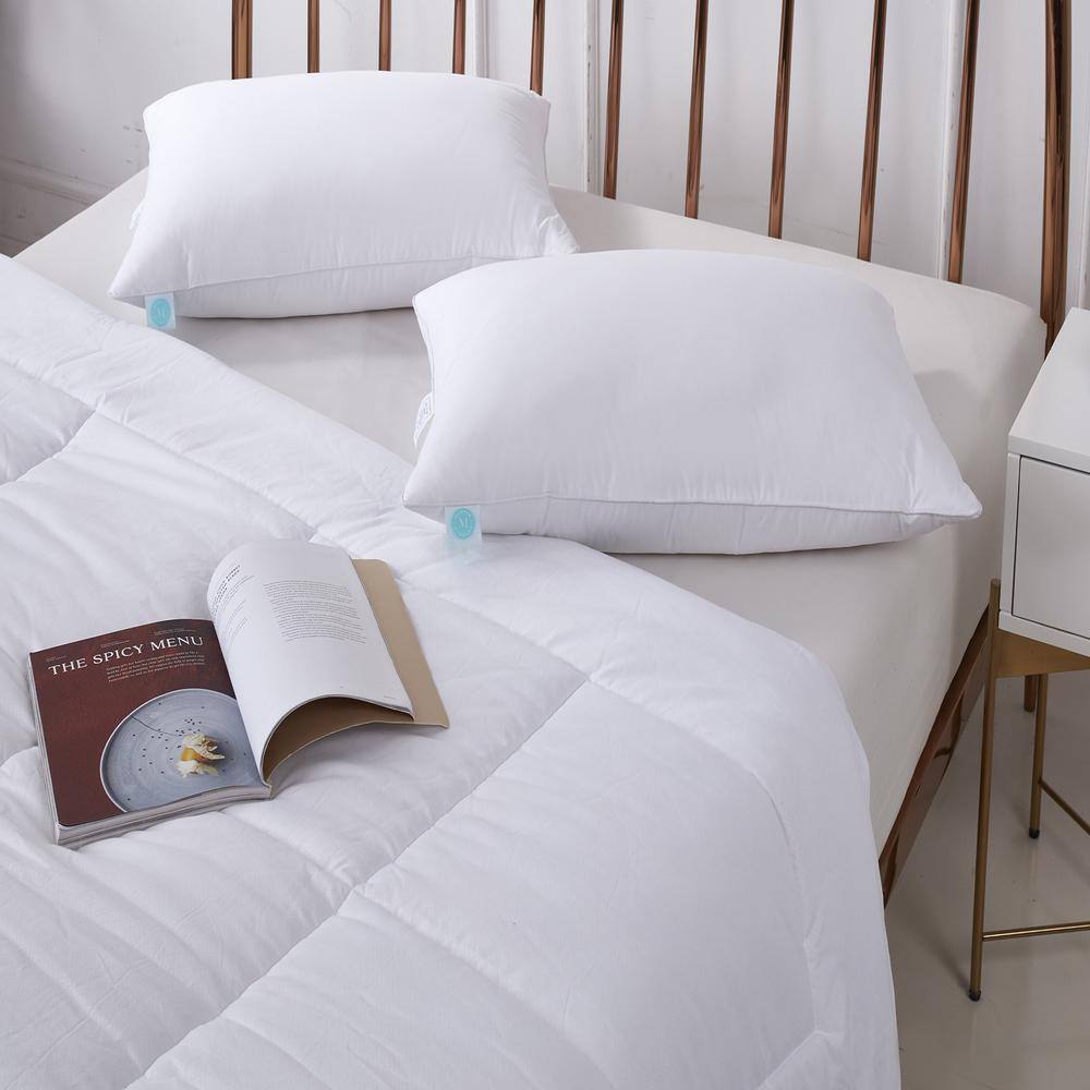 White Medium Firm Feather Down Bed Pillow Set