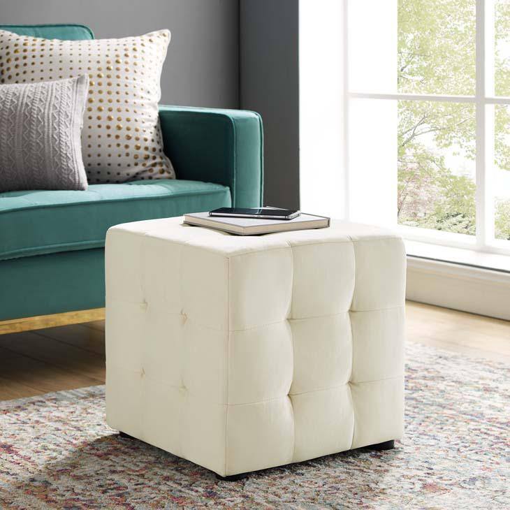 Ivory Tufted Cube Performance Velvet Ottoman