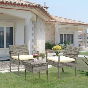 3-Pieces Rattan Wicker Patio Conversation Set with Beige Cushions