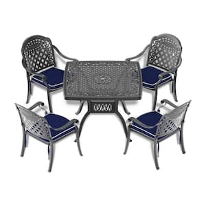 Isabella Black 5-Piece Cast Aluminum Outdoor Dining Set with Square Table and Dining Chairs with Random Color Cushion