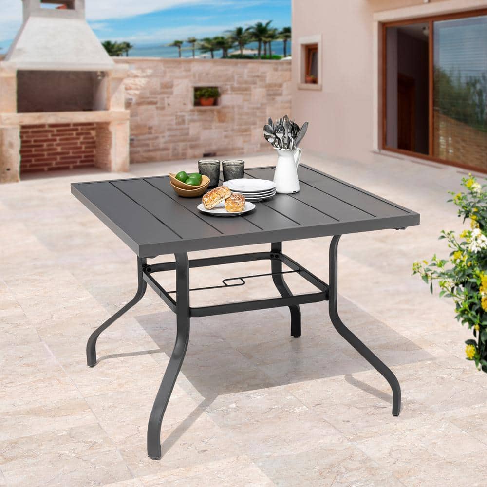 Nuu Garden Gray Iron Square Outdoor Dining Table with Umbrella Hole