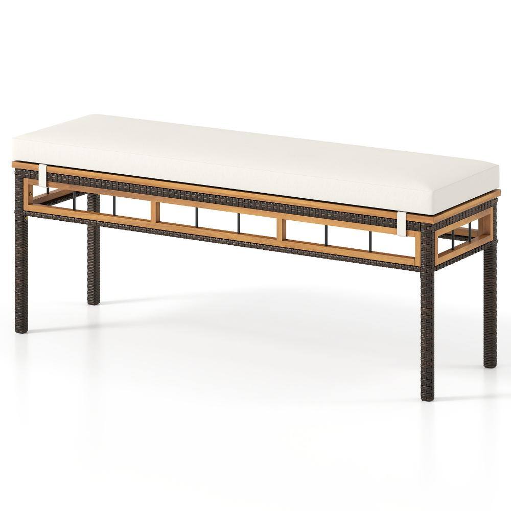 2-Person 48 in. Acacia Wood Backless Dining Bench with PE Wicker Legs and Cushion 800 lbs. Capacity