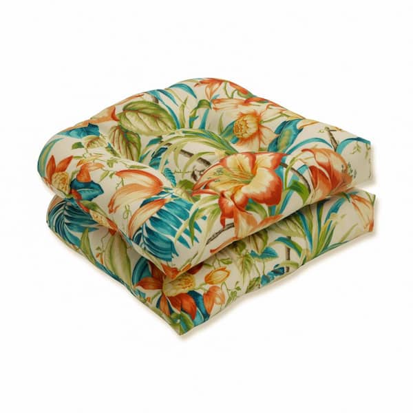 Pillow Perfect Floral 19 in. x 19 in. Outdoor Dining Chair Cushion in Blue/Green/Orange (Set of 2)