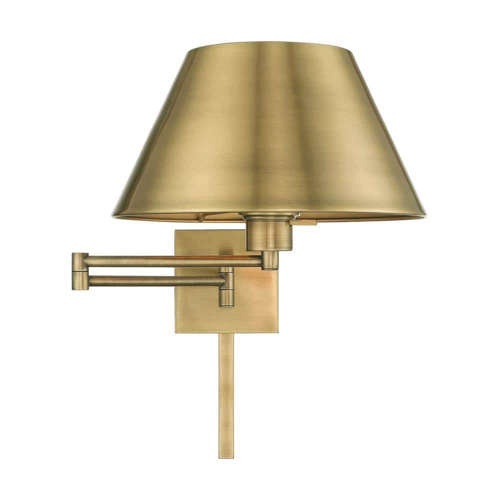 Antique Brass Swing Arm Wall Lamp with Satin Shade