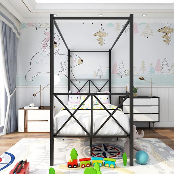 ANBAZAR Black 39 in. W Twin Size Metal Canopy Bed with x-Shaped Headboard and Footboard, Sturdy Canopy Platform Bed with Slats