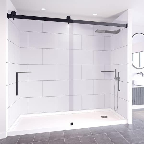 NuVo Winter White-Tetherow 60 in. x 32 in. x 99 in. Floor/Ceiling Base/Wall/Door Alcove Shower Stall/Kit Matte Black Right