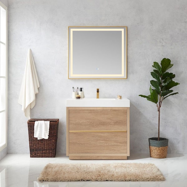 Palencia 36 in. W x 20 in. D x 33.9 in. H Single Sink Bath Vanity in N. American Oak with White Composite Top and Mirror