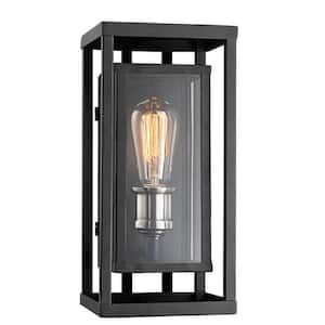 Showcase 13 in. 1-Light Black and Brushed Nickel Outdoor Wall Light Fixture with Clear Glass
