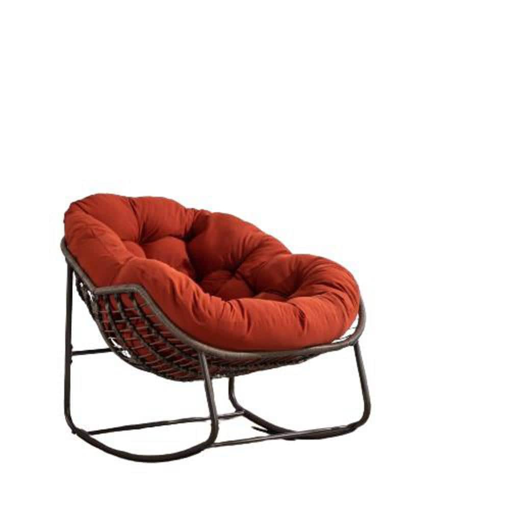 Brown Steel Metal Rattan Outdoor Rocking Chair with Red Padded Cushion for 