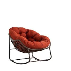 Brown Steel Metal Rattan Outdoor Rocking Chair with Red Padded Cushion for Front Porch Patio