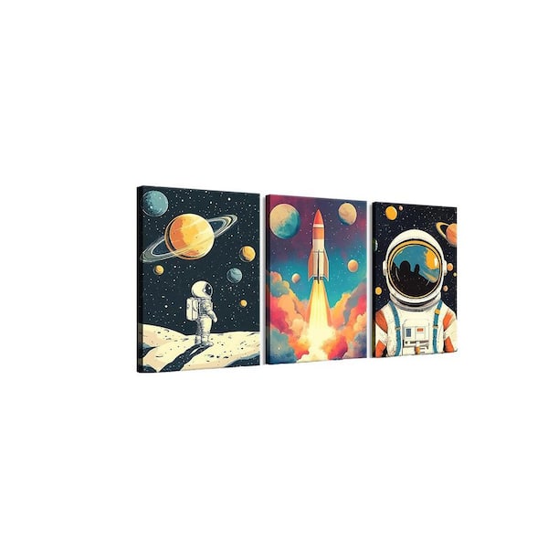 3 Pcs 16x24inch Space Canvas Wall Art Nursery Space Astronauts Kid Painting Pictures Wall Decor