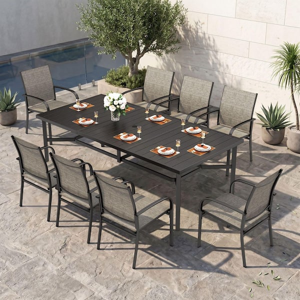 Black 9-Piece Metal Slat Rectangle Table Outdoor Patio Dining Set with Brown Textilene Chairs