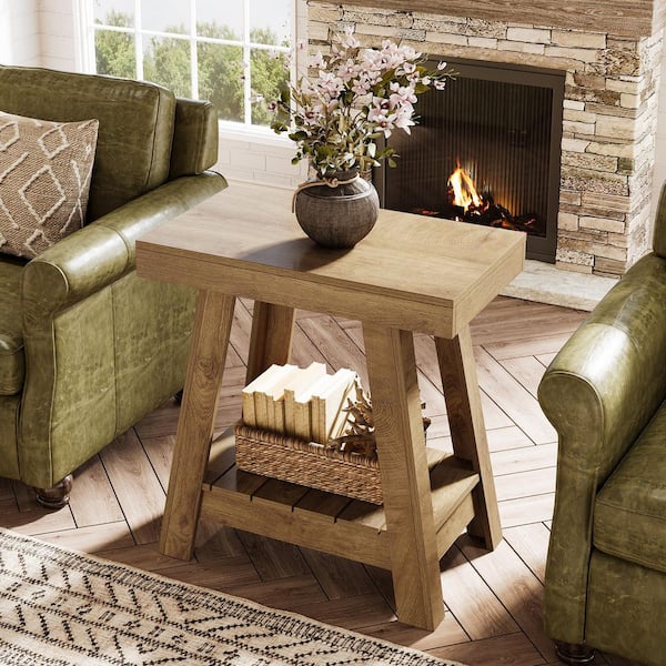 Kerlin 23.6 in. Light Brown Rectangle Wood 2-Tier End Table Side Table for Living Room, Bedroom