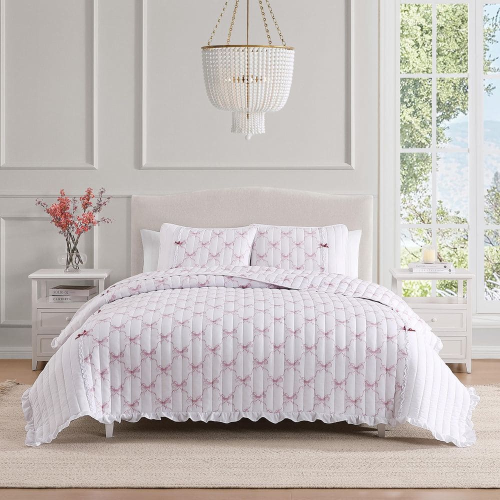 Maisy Bows Mauve White 3-Piece All-Season Embellished Ruffle Microfiber Reversible Quilt Set - Full/Queen price history on PriceWatchPro