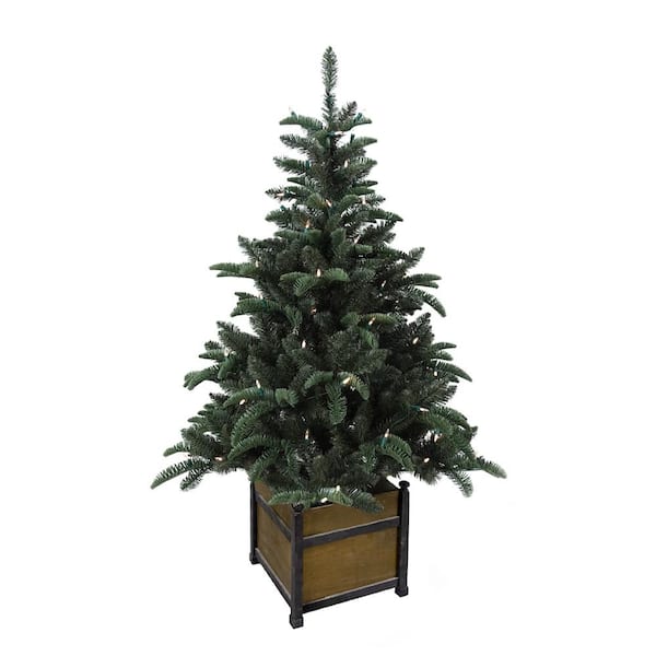 Home Accents Holiday 4 ft. Pre-Lit Noble Artificial Christmas Porch Tree with Warm White Battery Operated LED light and Wood Pot