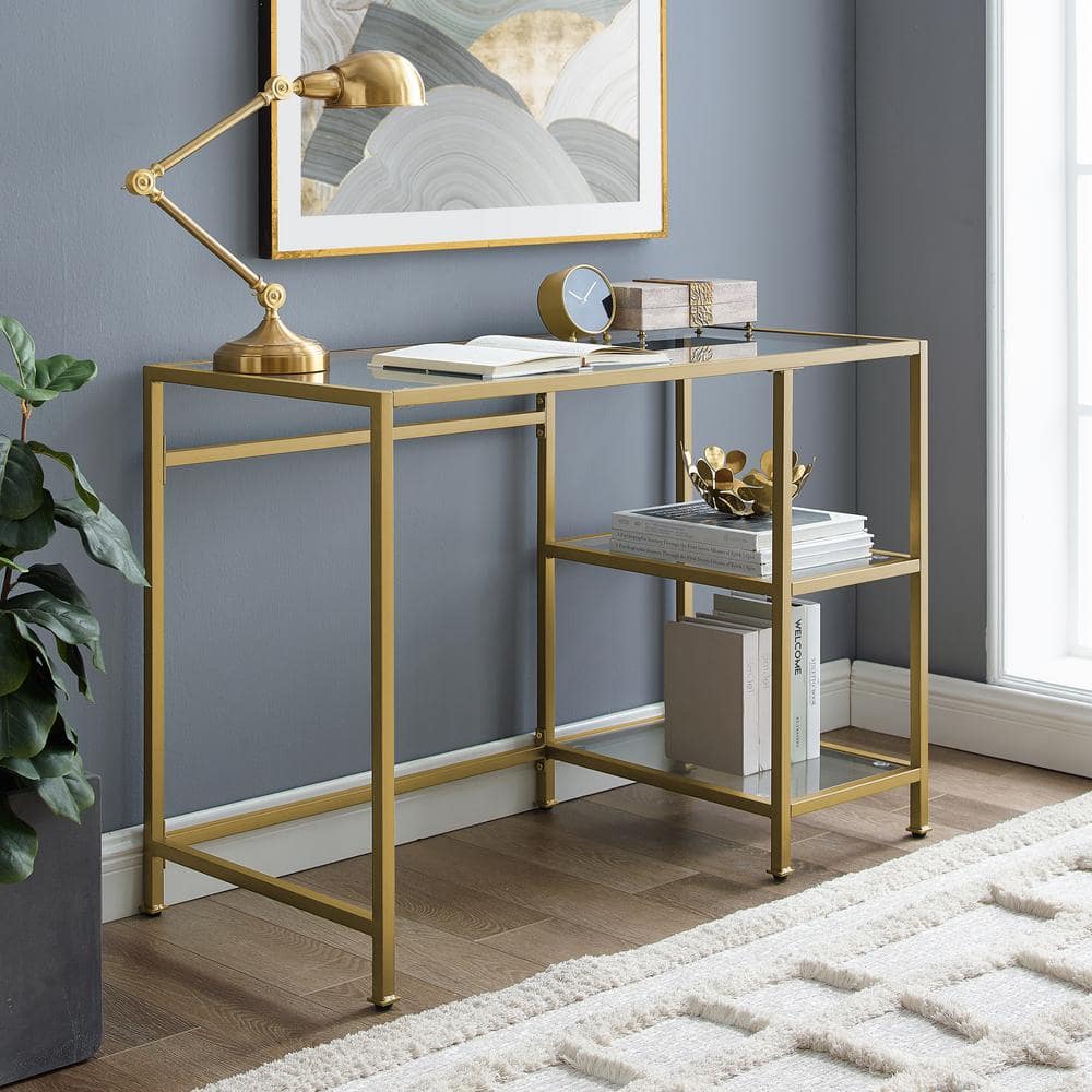 Sleek Gold-Frame 46" Glass-Top Modern Desk/Vanity