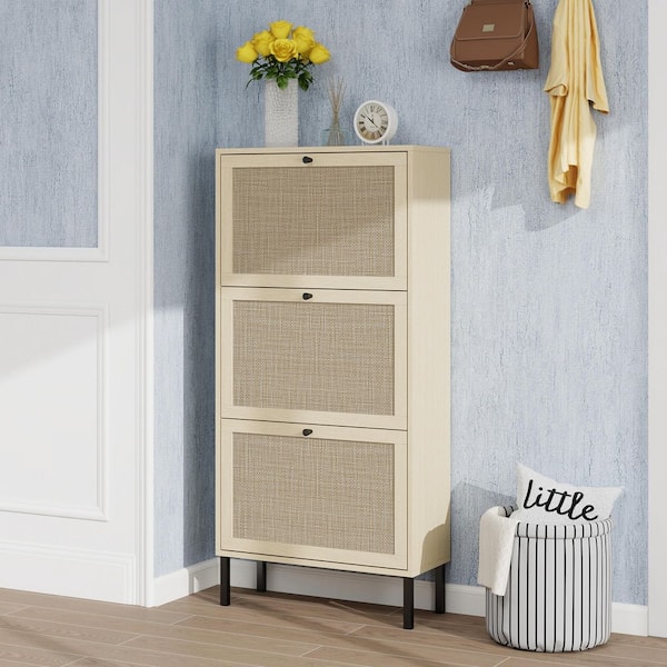 48.98 in. H x 23.62 in. W Natural Rattan 3-Door Freestanding Shoe Storage Cabinet with Metal Base