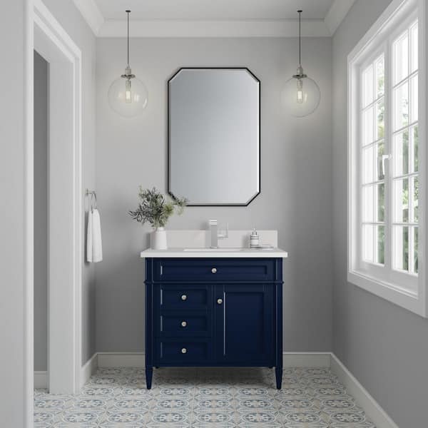 James Martin Vanities Brittany 36.0 in. W x 23.5 in. D x 34.0 in. H Bathroom Vanity in Victory Blue with White Zeus Silestone Quartz Top