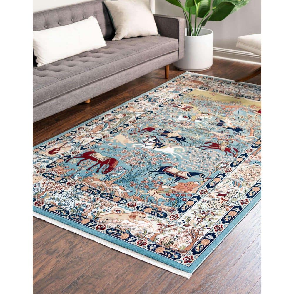 Blue and Tan Floral Synthetic 8' x 10' Area Rug