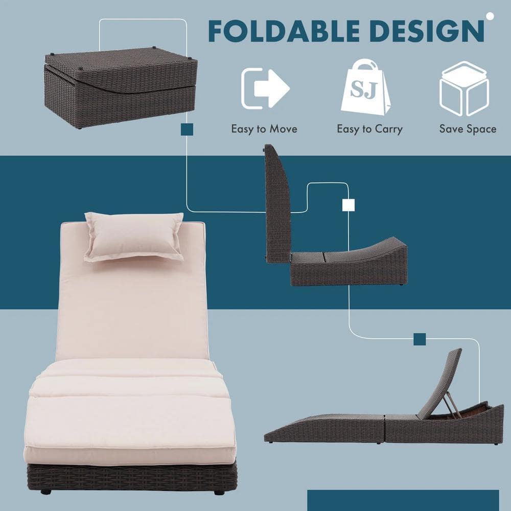 Infographic demonstrating the foldable design of the chaise lounge.