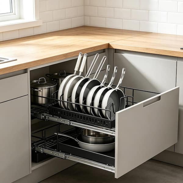 Under Cabinet Standing Pot Rack Organizer, Rustproof Sliding Cookware Holder with 8 Adjustable Dividers in Black
