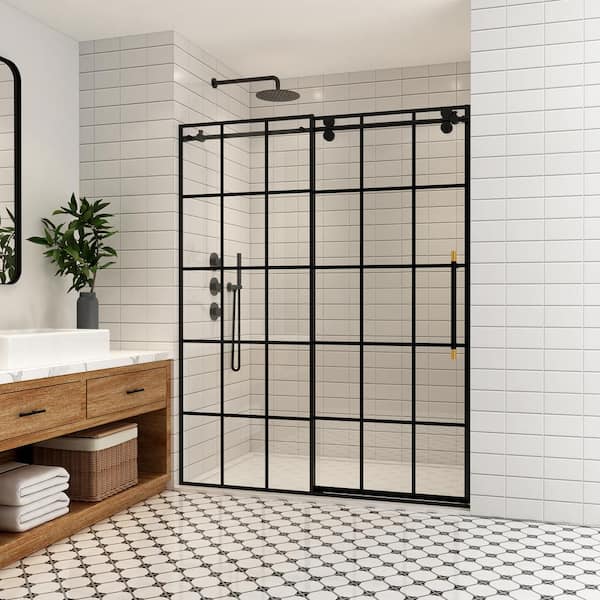 ROSWELL Puente 64 in. W x 78 in. H Single Sliding Frameless Shower Door in Matte Black with Clear Glass