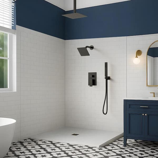 10 and 6 in. Dual Square Shower Heads Double Handle 3-Spray Tub and Shower Faucet 2.5 GPM in. Matte Black Valve Included