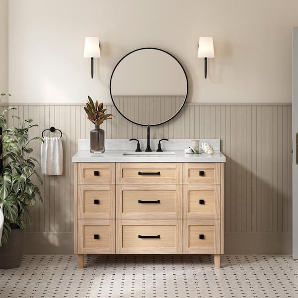 ARIEL Monroe 49 in. W x 22 in. D x 36 in. H Single Sink Bath Vanity in Oak with Italian Carrara Marble Top