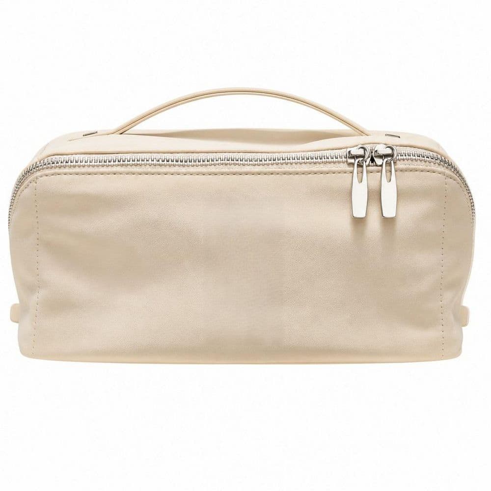 Travel Makeup Bag in BD-Beige, Large Capacity Cosmetic Bag, Waterproof PU Leather, Flat Open Portable Toiletry Bag