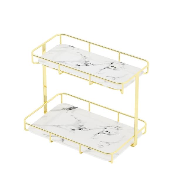 2 Tier Countertop Vanity Organizer in Gold Stainless Steel and White Marble for Bathroom Cosmetic, Perfume Storage