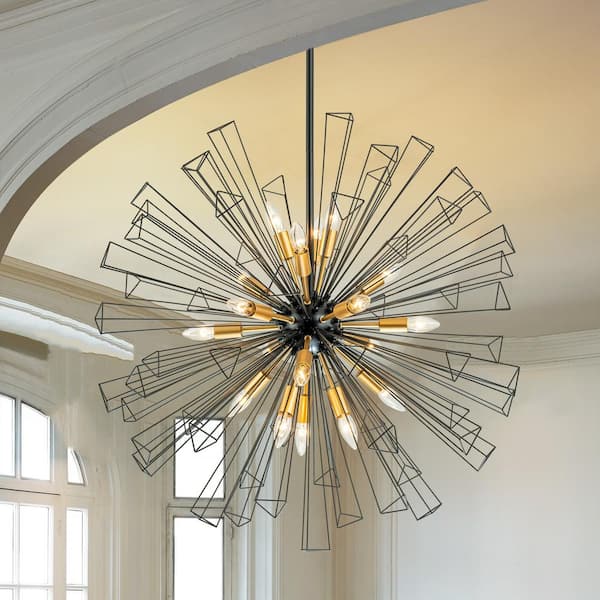 RRTYO Ellis 33.8 in.W 18-Light Black/Gold Modern Sputnik Firework Chandelier Geometric Cluster Starburst Sphere Chandelier