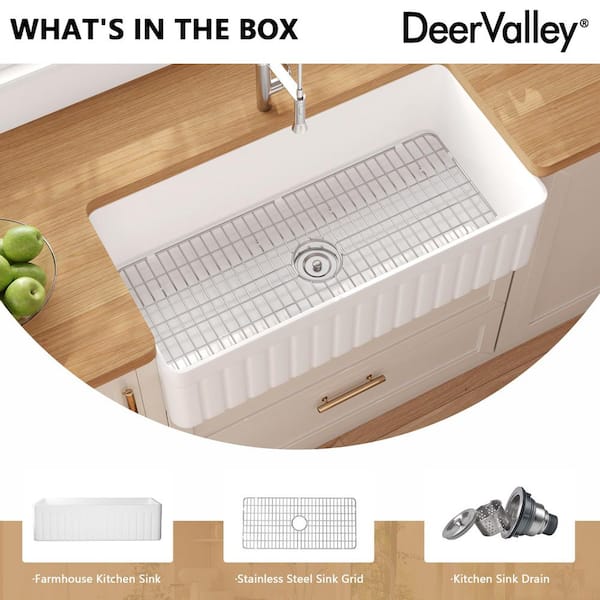 Solstice 36 in. Farmhouse Single Bowl White Fireclay Kitchen Sink with Grid and Strainer