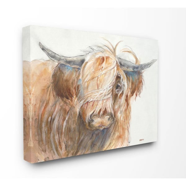 Stupell Industries 24 in. x 30 in. "Brown Horned Bull with Wind Swept Long Hair Painting" by Artist Third and Wall Canvas Wall Art