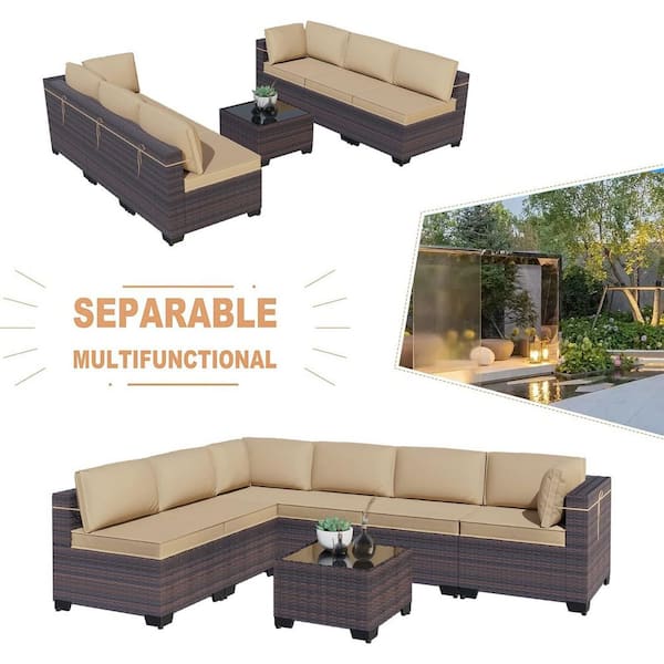 7-Piece Wicker Outdoor Sectional Set with Cushion Sand