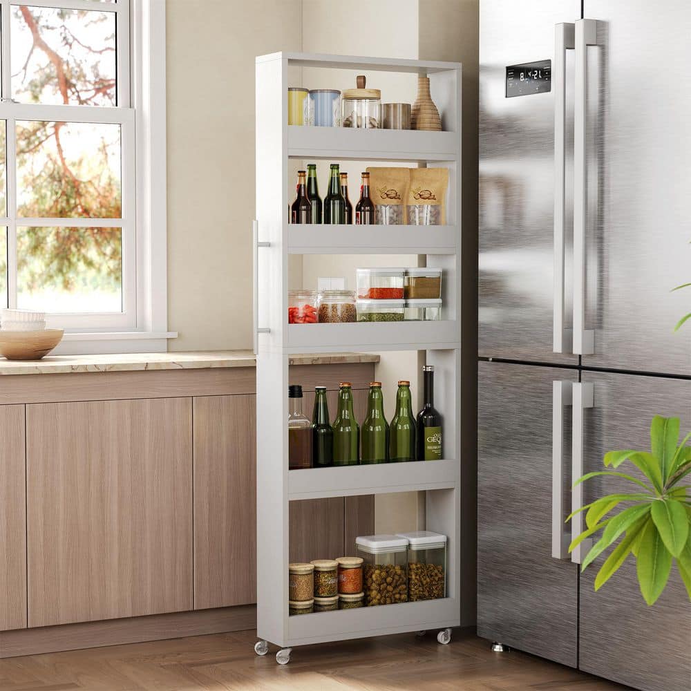 White Wood Kitchen Cart with Wheels for Narrow Spaces