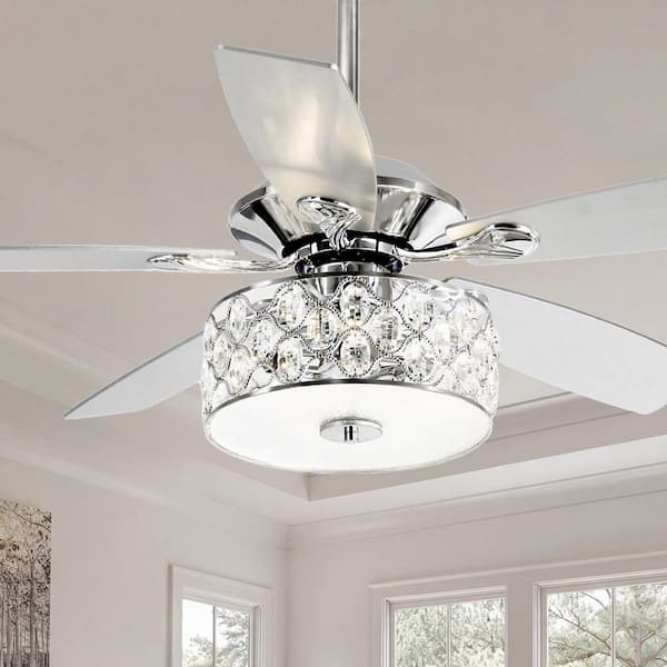 Huber 52 in. Indoor Chrome Downrod Mount Crystal Ceiling Fan with Light Kit and Remote Control