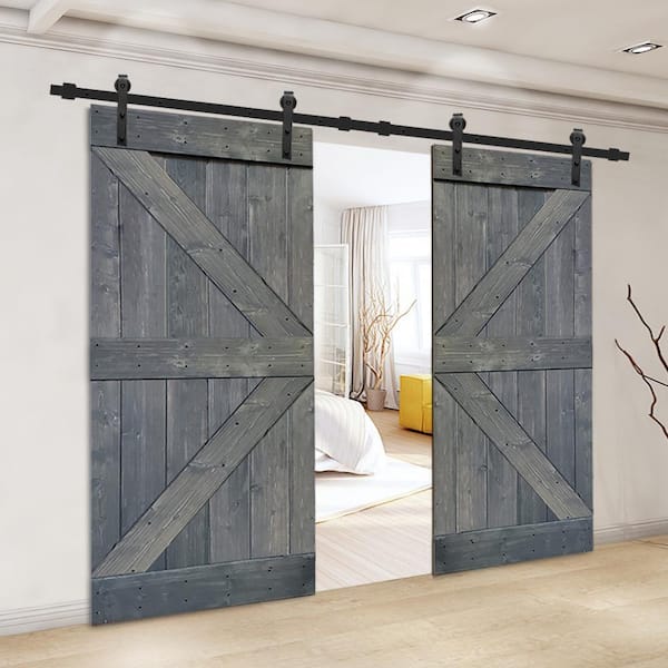 CALHOME K Series 72 in. x 84 in. Gray Stained Solid Knotty Pine Wood Double  Interior Sliding Barn Doors with Hardware Kit  SWD11-MK-72(2)+DR-DIY-K36G(2)+CNNT-MK(1) - The Home Depot