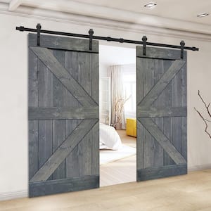 K Series 72 in. x 84 in. Gray Stained Solid Knotty Pine Wood Double Interior Sliding Barn Doors with Hardware Kit