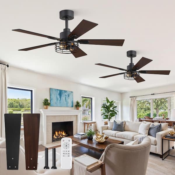 2-Pack 42 in. Indoor Black Farmhouse Downrod Mount Ceiling Fan with light and Remote/Switch Control,5 Dual-finish Blades