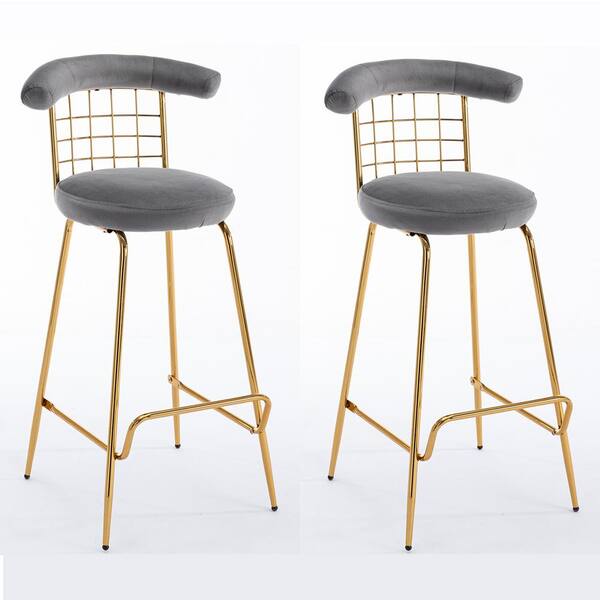 JASIWAY 32 in. Gray High Back Metal Frame Bar Stool Pub Stools with Velvet Back and Cushion (Set of 2)