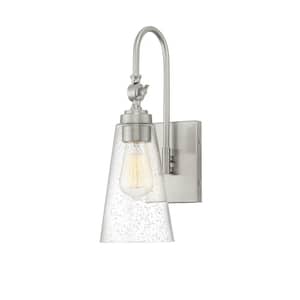 York 5.5 in. W x 16 in. H 1-Light Satin Nickel Wall Sconce with Clear Seeded Glass Shade