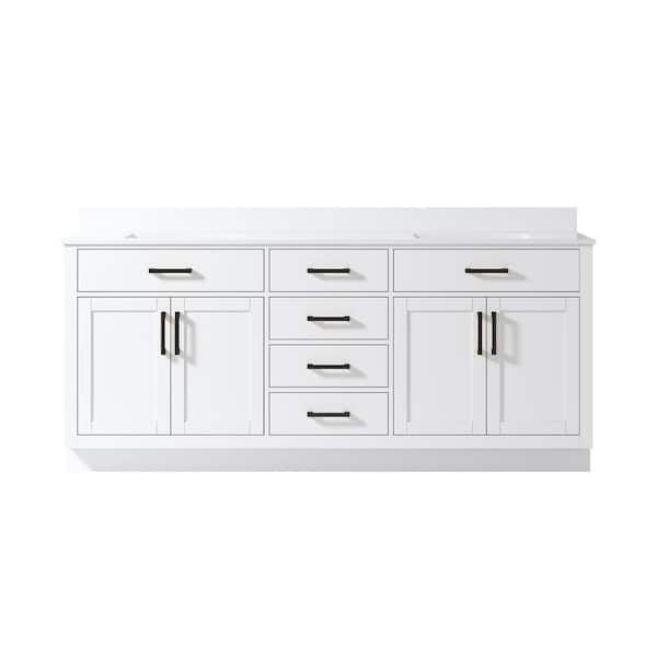 NORA 80 in. Freestanding White Solid Wood Bath Vanity with Pure White Cultured Marble Top, Soft-Close, Assembled