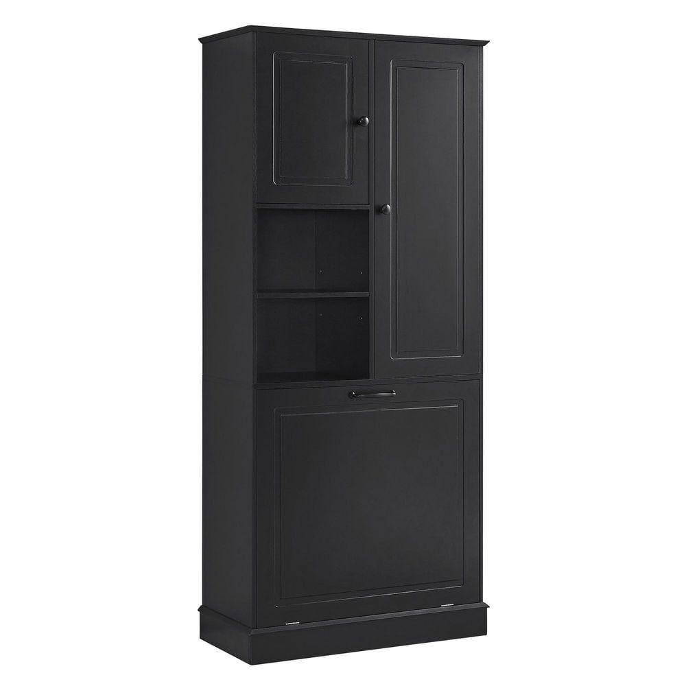 Black Tall Storage Cabinet, MDF Organizer with Flip-Out Basket and Adjustable Shelves for Home