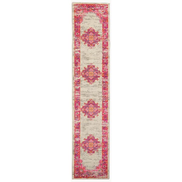 Nourison Passion Ivory/Fuchsia 2 ft. x 10 ft. Bordered Transitional Kitchen Runner Area Rug
