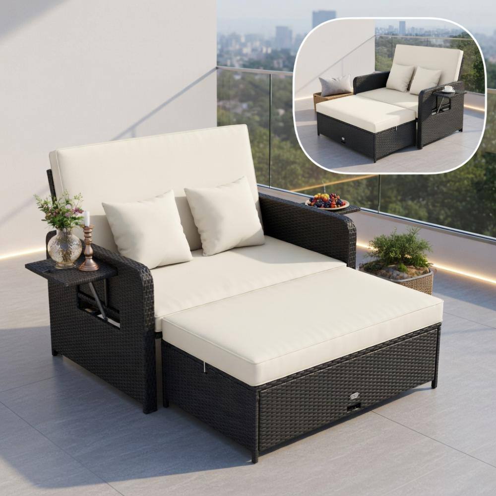 PE Rattan Daybed Set, 4-Position Backrest, Storage Ottoman & Cushions – Black Rattan with Navy Gray Fabric price history on PriceWatchPro
