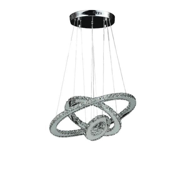 ORE International Eira Small Crystal Triple Hoop Integrated LED Chrome Silver Chandelier with Remote Control