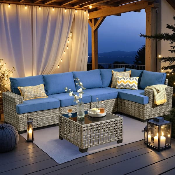OVIOS Tiberty Gray 6-Piece Wicker Patio Conversation Seating Set with Diamond Blue Cushions
