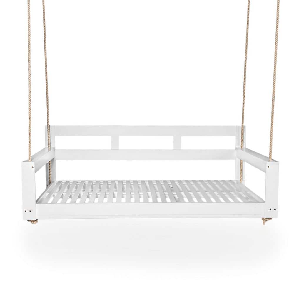 Minimalist White Wood Patio Porch Swing with 4 Hanging Ropes