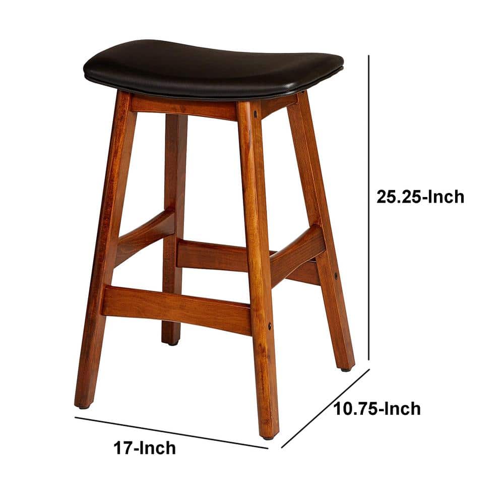 Black Leather Saddle-Style Wood Counter Stool, Set of 2