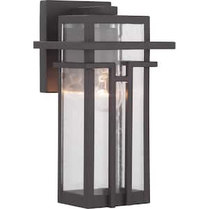 Boxwood Collection 1-Light Antique Bronze Clear Seeded Glass Craftsman Outdoor Small Wall Lantern Light